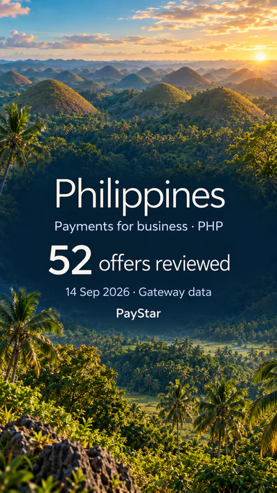 Philippines: 52 offers reviewed; Payments for business · PHP. Bright editorial landscape.