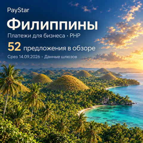Филиппины: 52 предложения в обзоре; Платежи для бизнеса · PHP. Bright editorial landscape.