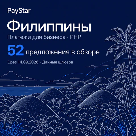 Филиппины: 52 предложения в обзоре; Платежи для бизнеса · PHP. Navy editorial landscape.
