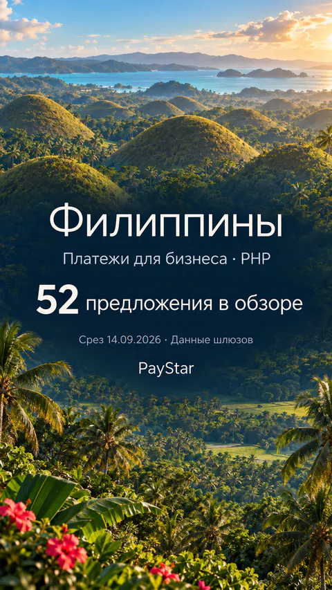 Филиппины: 52 предложения в обзоре; Платежи для бизнеса · PHP. Bright editorial landscape.