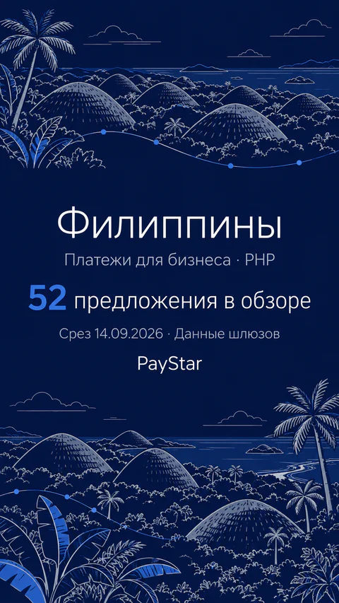 Филиппины: 52 предложения в обзоре; Платежи для бизнеса · PHP. Navy editorial landscape.