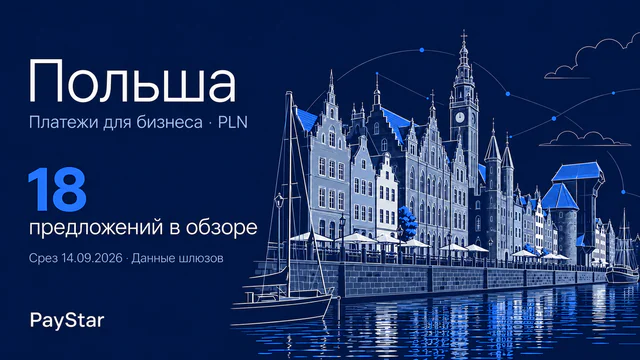 Польша: 18 предложений в обзоре; Платежи для бизнеса · PLN. Navy editorial landscape.