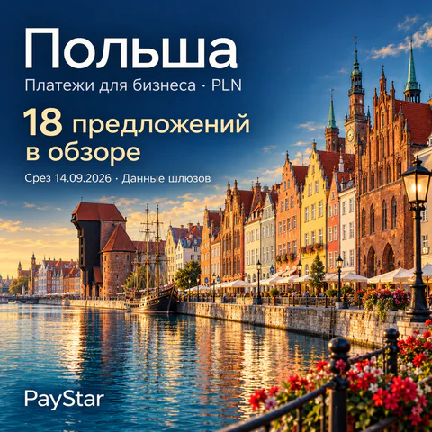 Польша: 18 предложений в обзоре; Платежи для бизнеса · PLN. Bright editorial landscape.