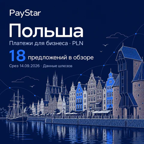 Польша: 18 предложений в обзоре; Платежи для бизнеса · PLN. Navy editorial landscape.