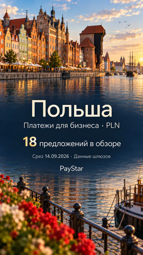 Польша: 18 предложений в обзоре; Платежи для бизнеса · PLN. Bright editorial landscape.