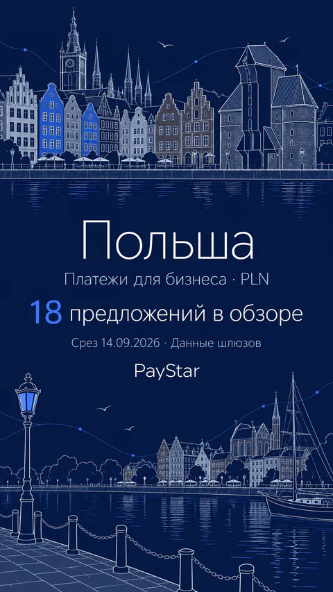 Польша: 18 предложений в обзоре; Платежи для бизнеса · PLN. Navy editorial landscape.
