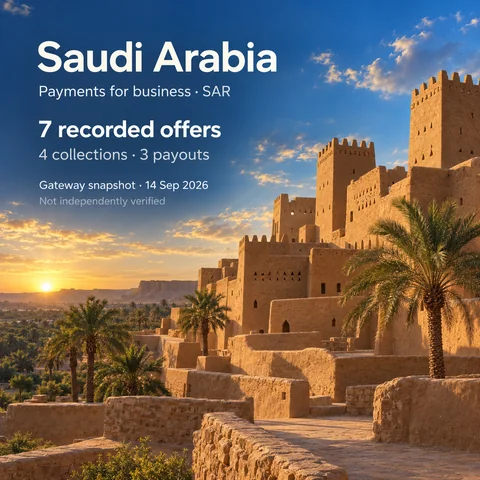 Bright scenic editorial AI illustration inspired by Diriyah Najdi mud-brick towers and palms. Saudi Arabia, SAR, 7 recorded offers, 4 collections and 3 payouts, gateway snapshot 14 September 2026; not independently verified.