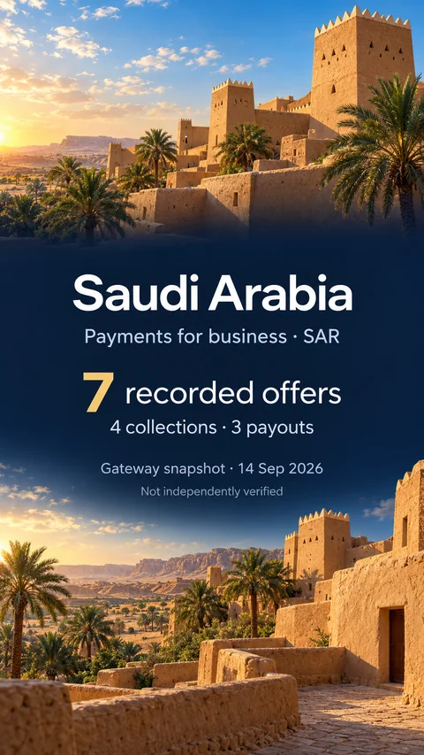 Bright scenic editorial AI illustration inspired by Diriyah Najdi mud-brick towers and palms. Saudi Arabia, SAR, 7 recorded offers, 4 collections and 3 payouts, gateway snapshot 14 September 2026; not independently verified.