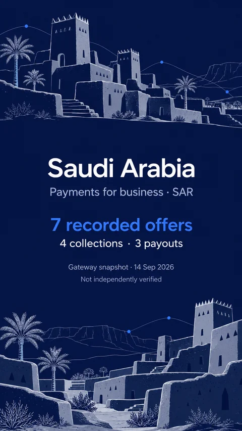 Navy editorial AI illustration inspired by Diriyah Najdi mud-brick towers and palms. Saudi Arabia, SAR, 7 recorded offers, 4 collections and 3 payouts, gateway snapshot 14 September 2026; not independently verified.