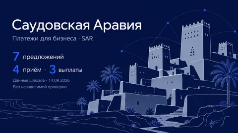 Синяя редакционная AI-иллюстрация надждийских земляных башен и пальм по мотивам Диръии. Саудовская Аравия, SAR, 7 предложений, 4 на приём и 3 на выплаты, данные шлюзов 14 сентября 2026 без независимой проверки.