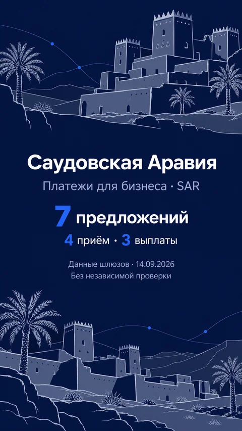 Синяя редакционная AI-иллюстрация надждийских земляных башен и пальм по мотивам Диръии. Саудовская Аравия, SAR, 7 предложений, 4 на приём и 3 на выплаты, данные шлюзов 14 сентября 2026 без независимой проверки.