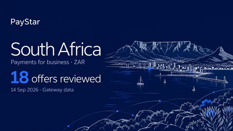South Africa: 18 offers reviewed; Payments for business · ZAR. Navy editorial landscape.
