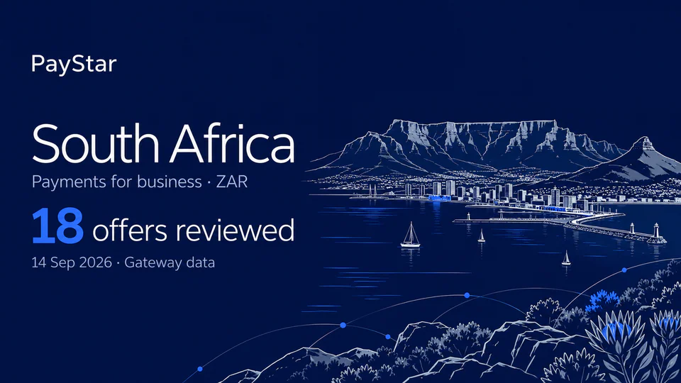 South Africa: 18 offers reviewed; Payments for business · ZAR. Navy editorial landscape.