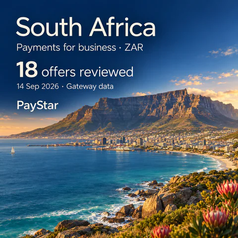 South Africa: 18 offers reviewed; Payments for business · ZAR. Bright editorial landscape.