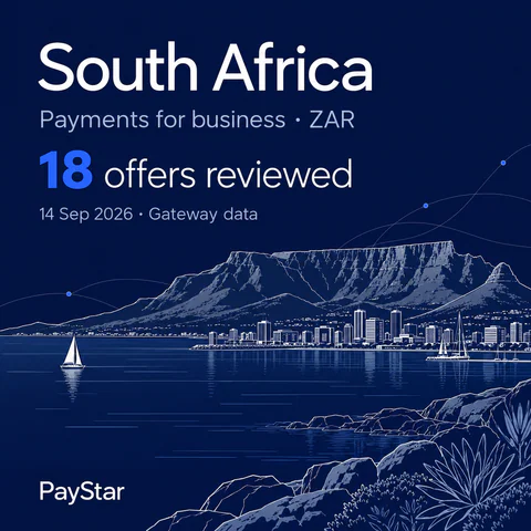 South Africa: 18 offers reviewed; Payments for business · ZAR. Navy editorial landscape.