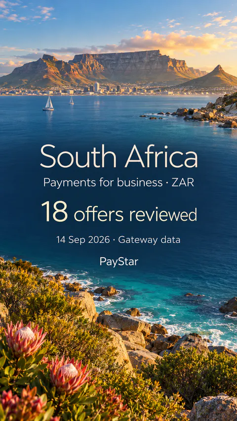 South Africa: 18 offers reviewed; Payments for business · ZAR. Bright editorial landscape.