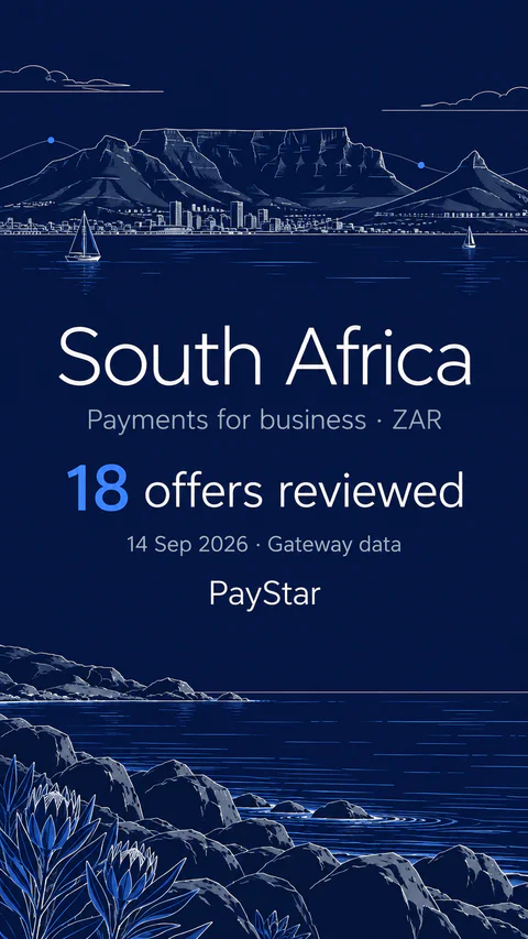 South Africa: 18 offers reviewed; Payments for business · ZAR. Navy editorial landscape.