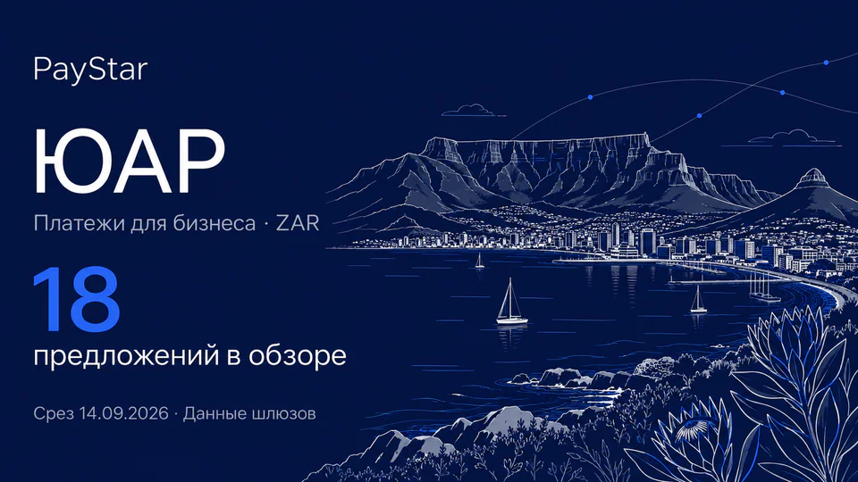 ЮАР: 18 предложений в обзоре; Платежи для бизнеса · ZAR. Navy editorial landscape.