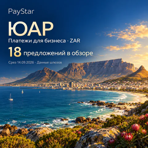 ЮАР: 18 предложений в обзоре; Платежи для бизнеса · ZAR. Bright editorial landscape.