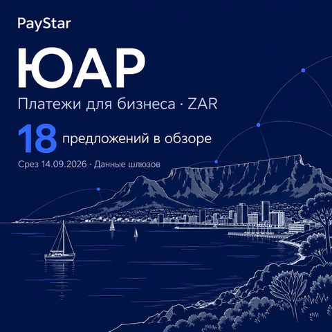 ЮАР: 18 предложений в обзоре; Платежи для бизнеса · ZAR. Navy editorial landscape.