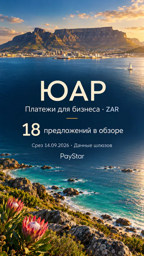 ЮАР: 18 предложений в обзоре; Платежи для бизнеса · ZAR. Bright editorial landscape.