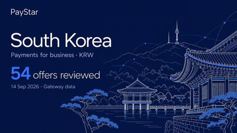 South Korea: 54 offers reviewed; Payments for business · KRW. Navy editorial landscape.