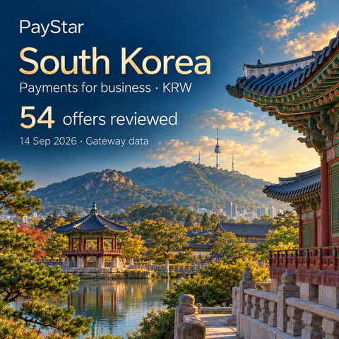South Korea: 54 offers reviewed; Payments for business · KRW. Bright editorial landscape.