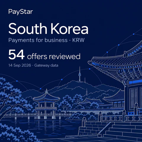 South Korea: 54 offers reviewed; Payments for business · KRW. Navy editorial landscape.