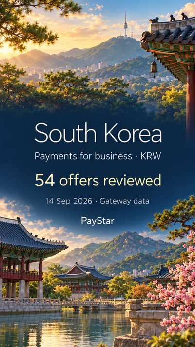 South Korea: 54 offers reviewed; Payments for business · KRW. Bright editorial landscape.