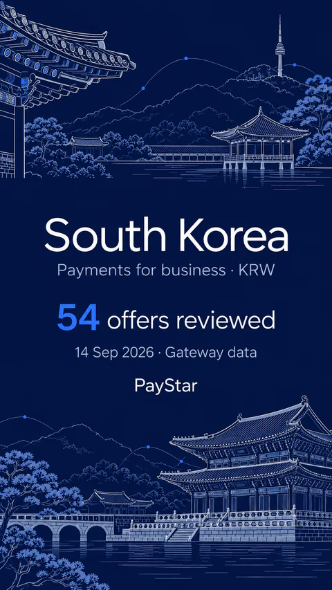 South Korea: 54 offers reviewed; Payments for business · KRW. Navy editorial landscape.