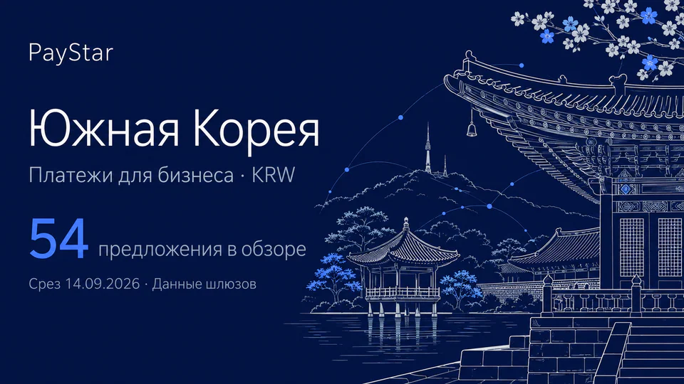 Южная Корея: 54 предложения в обзоре; Платежи для бизнеса · KRW. Navy editorial landscape.
