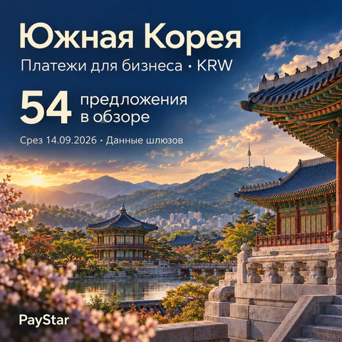 Южная Корея: 54 предложения в обзоре; Платежи для бизнеса · KRW. Bright editorial landscape.