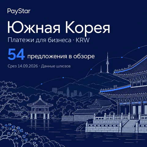 Южная Корея: 54 предложения в обзоре; Платежи для бизнеса · KRW. Navy editorial landscape.