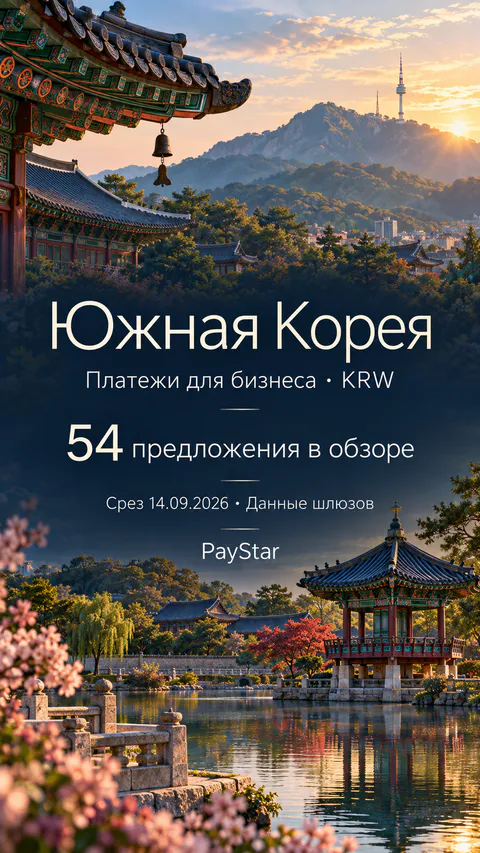 Южная Корея: 54 предложения в обзоре; Платежи для бизнеса · KRW. Bright editorial landscape.