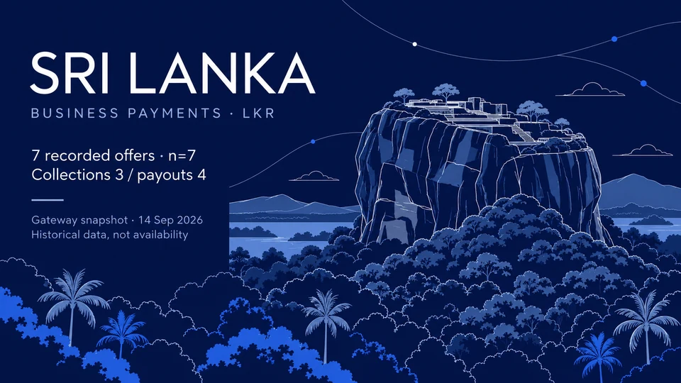 Sri Lanka and LKR: Sigiriya rock above tropical canopy in fine pale lines on navy. 7 historical offers, collections 3, payouts 4. Editorial AI illustration.
