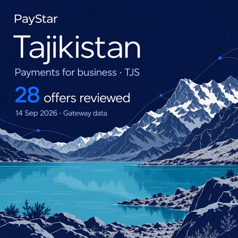 Tajikistan: 28 offers reviewed; Payments for business · TJS. Navy editorial landscape.