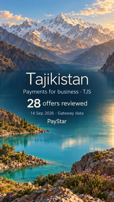 Tajikistan: 28 offers reviewed; Payments for business · TJS. Bright editorial landscape.