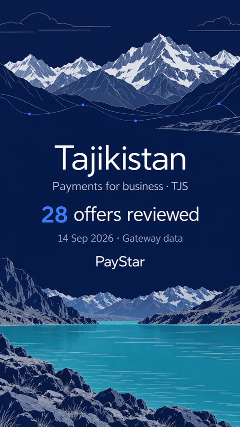 Tajikistan: 28 offers reviewed; Payments for business · TJS. Navy editorial landscape.