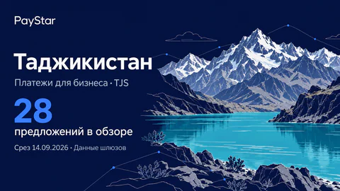 Таджикистан: 28 предложений в обзоре; Платежи для бизнеса · TJS. Navy editorial landscape.