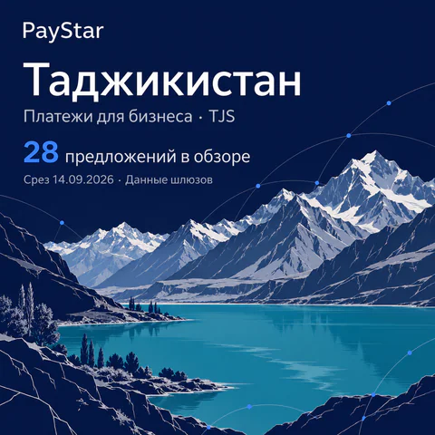 Таджикистан: 28 предложений в обзоре; Платежи для бизнеса · TJS. Navy editorial landscape.