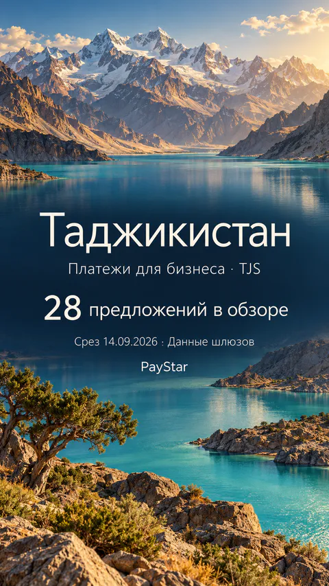 Таджикистан: 28 предложений в обзоре; Платежи для бизнеса · TJS. Bright editorial landscape.