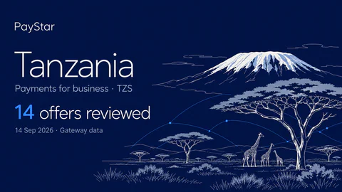 Tanzania: 14 offers reviewed; Payments for business · TZS. Navy editorial landscape.
