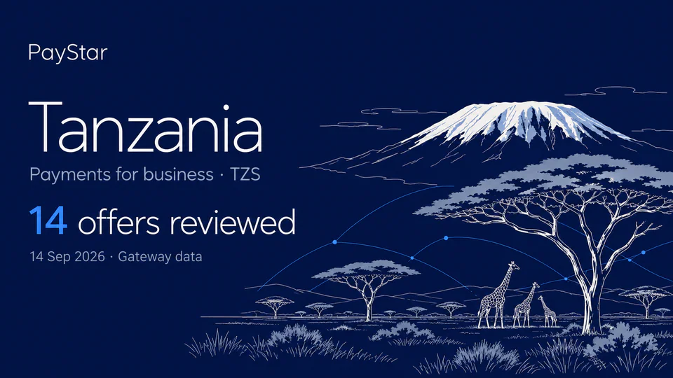 Tanzania: 14 offers reviewed; Payments for business · TZS. Navy editorial landscape.