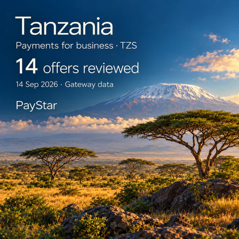 Tanzania: 14 offers reviewed; Payments for business · TZS. Bright editorial landscape.