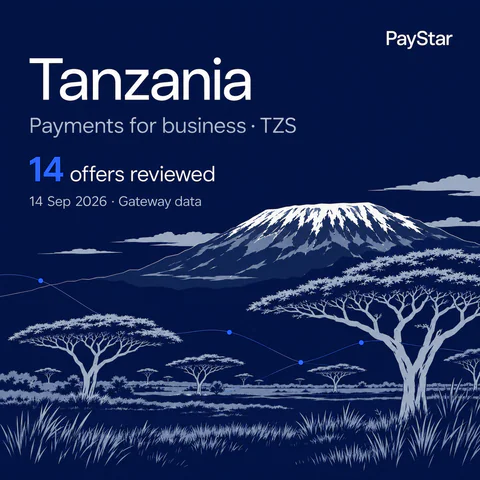 Tanzania: 14 offers reviewed; Payments for business · TZS. Navy editorial landscape.