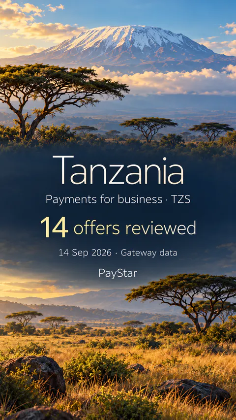 Tanzania: 14 offers reviewed; Payments for business · TZS. Bright editorial landscape.