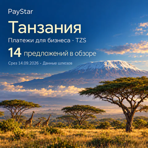 Танзания: 14 предложений в обзоре; Платежи для бизнеса · TZS. Bright editorial landscape.