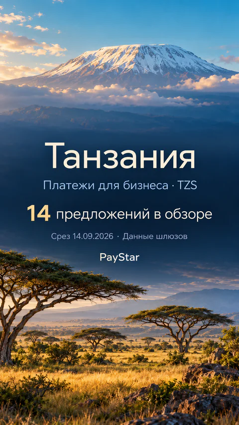 Танзания: 14 предложений в обзоре; Платежи для бизнеса · TZS. Bright editorial landscape.