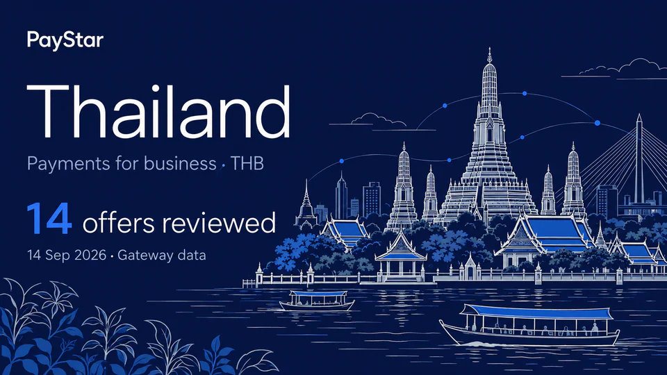 Thailand: 14 offers reviewed; Payments for business · THB. Navy editorial landscape.