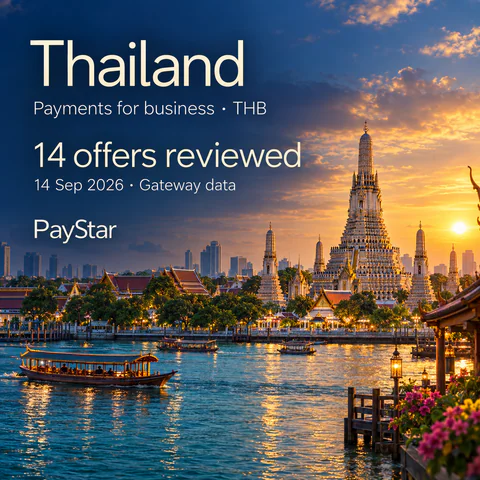 Thailand: 14 offers reviewed; Payments for business · THB. Bright editorial landscape.